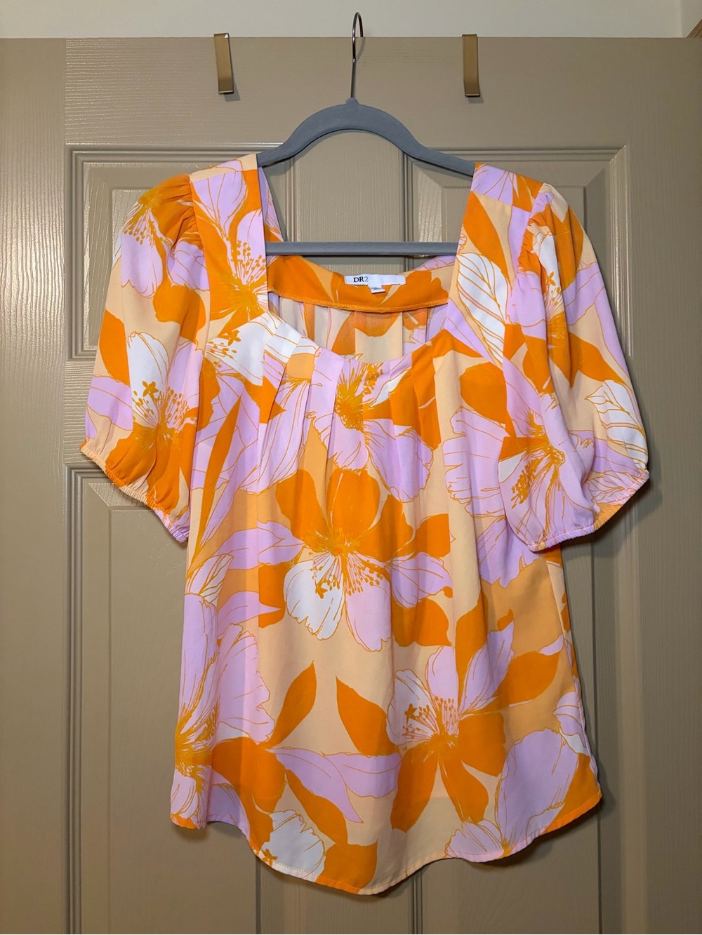 Orange & Pink Floral Puff-Sleeve Blouse